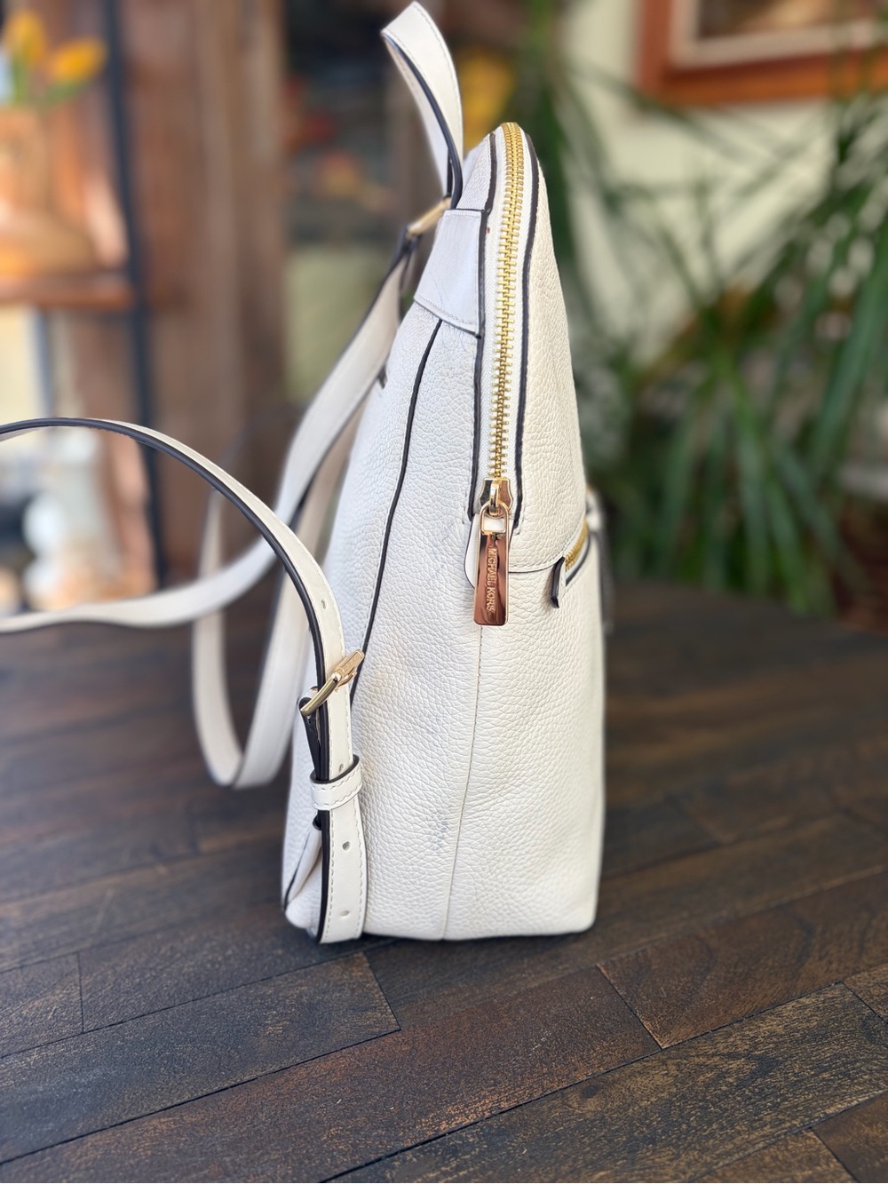 Michael Kors Slim Pebbled Leather Backpack in Cream color with Gold Hardware - Picture 4 of 15